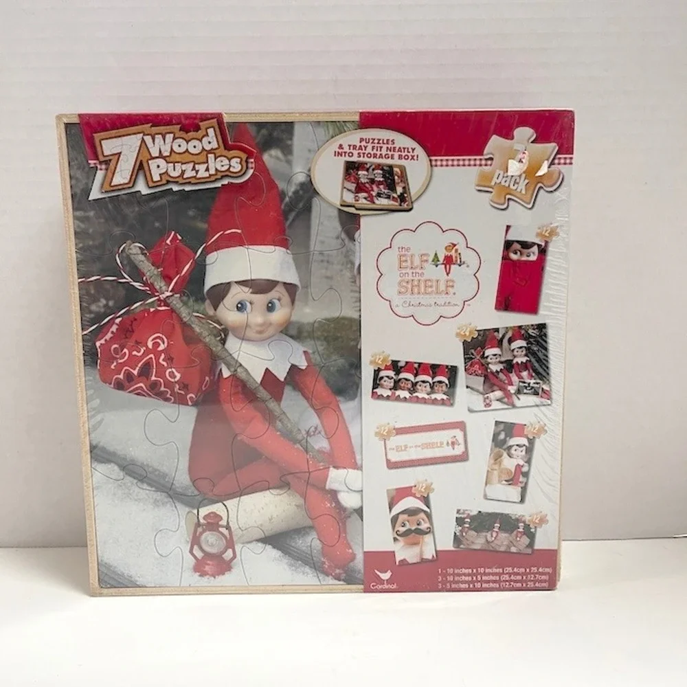 Elf on the Shelf 7 Wood Puzzles in Storage Box Christmas Cardinal 89094 NEW